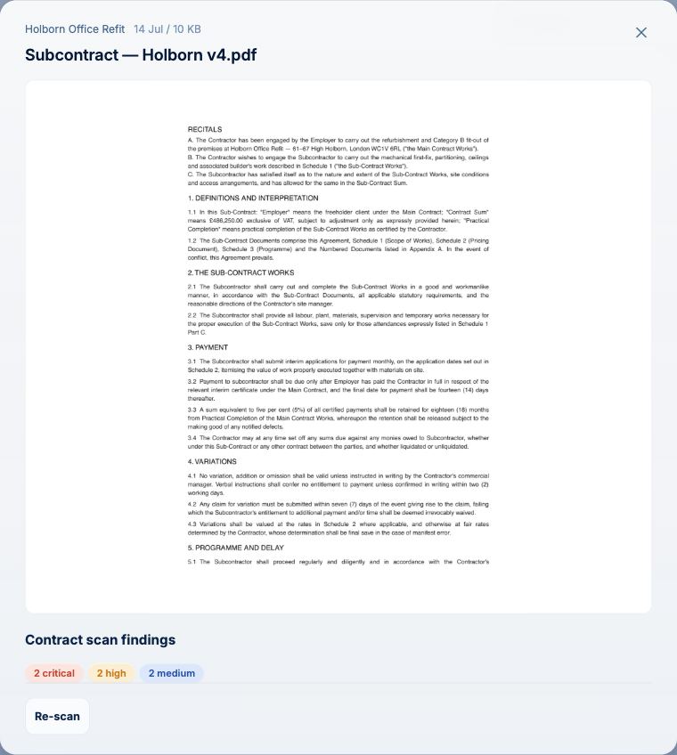 Subcontract PDF open in Shield with contract scan findings: 2 critical, 2 high, 2 medium