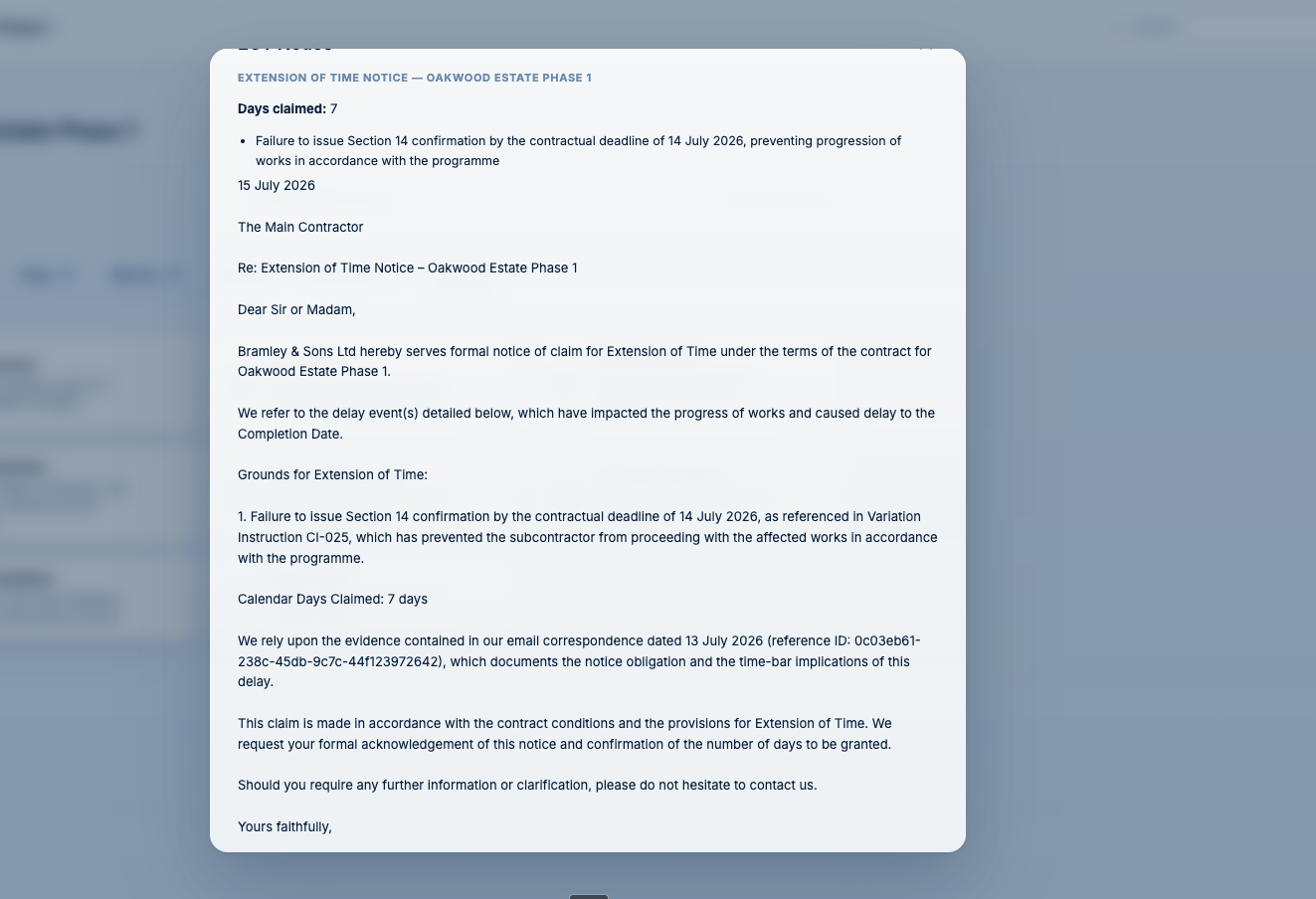 Auto-drafted Extension of Time notice citing the delay event, days claimed and source email evidence